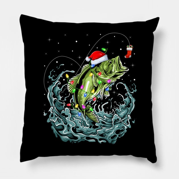 Bass Fishing Xmas Lighting Fisherman Fish Christmas Pillow by kasperek