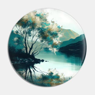 Gold and Blue Metallic Mountain Lake Reflections Pin