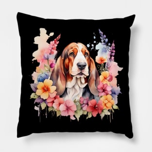 A basset hound decorated with beautiful watercolor flowers Pillow