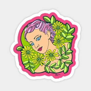 Girl with Pink Hair Surrounded by Yellow Flowers Magnet