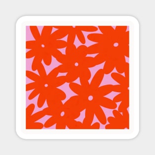 Retro 70s Bold Flowers Pattern Orange Pink Magnet