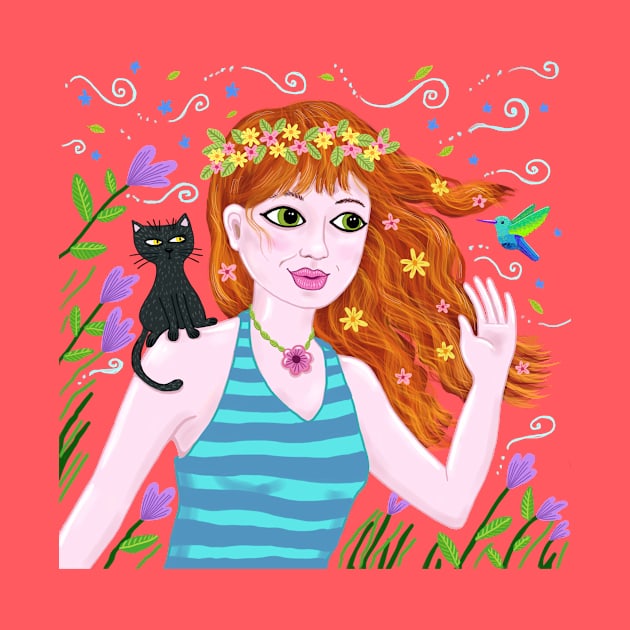 The cat, the hummingbird, and the pretty girl by SoozieWray