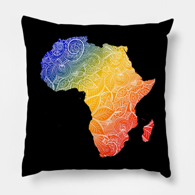 Colorful mandala art map of Africa with text in blue, yellow, and red Pillow by Happy Citizen