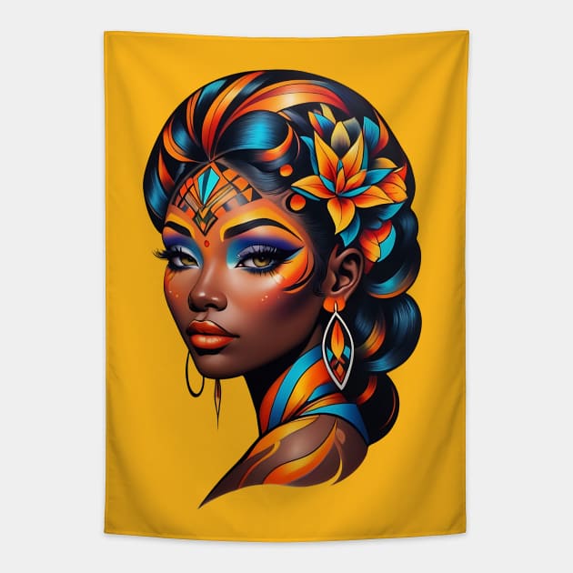 Black Woman Tribal Art retro vintage tattoo design Tapestry by Neon City Bazaar