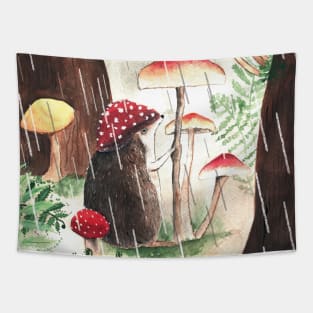 Hedgehog With Toadstool Hat On A Rainy Day Tapestry