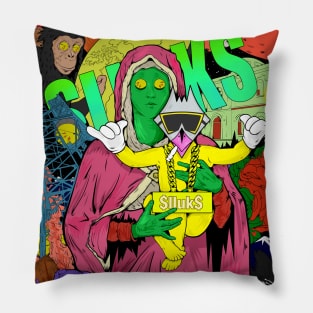 Dope Slluks chicken character chilling with virgin Mary montage colorful  illustration Pillow