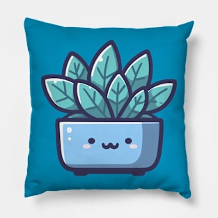 Cute Green Leaf Plant in a Blue Pot | Kawaii House Plant | Kawaii Plant Illustration Pillow