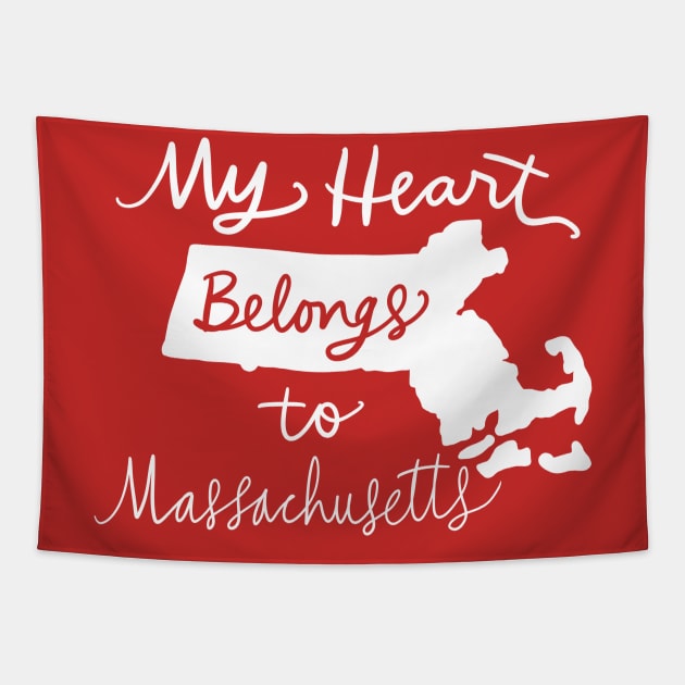 My Heart Belongs To Massachusetts: State Pride Calligraphy State Silhouette Art Tapestry by Tessa McSorley