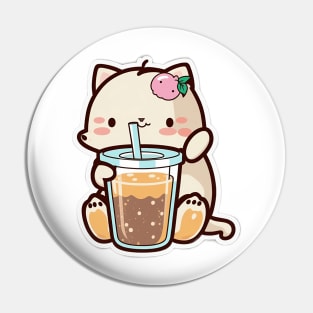 Cute Cat Drinking Bubble Tea Cartoon Boba Drawing Pin