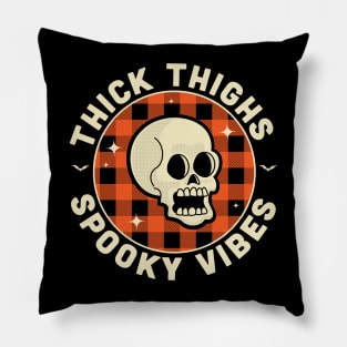 Thick Thighs Spooky Vibes Funny Halloween Skull Orange Plaid Pillow