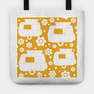 Daisy Polka Dot Vintage Caravan Pattern in Mustard Yellow and White Tote