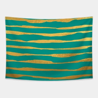 Teal Blue Gold colored abstract lines pattern Tapestry