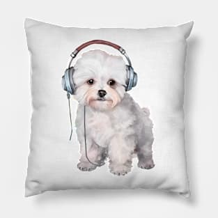 Watercolor Bichon Frise Dog with Headphones Pillow