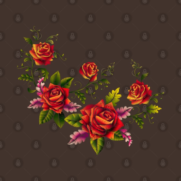 Red roses embroidery bouquet by Mako Design 
