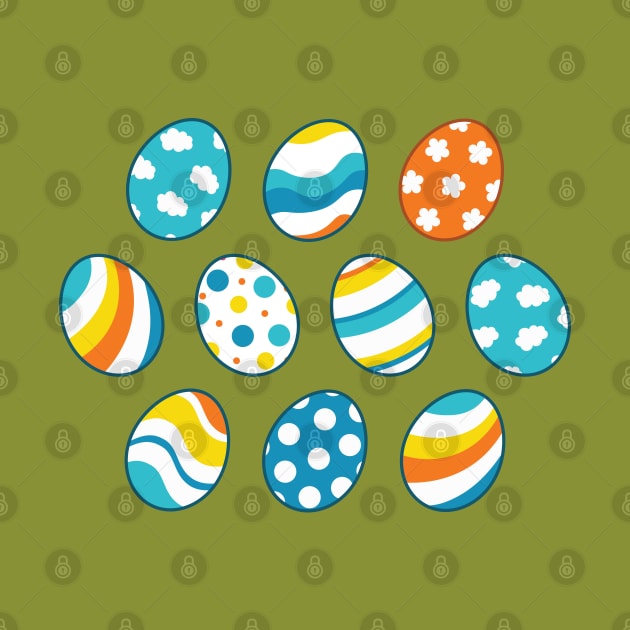 Egg Pattern | Blue Yellow Orange | Stripes Clouds Flowers Dots | Dark Green by Wintre2