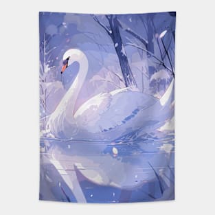 White Swan in Winter Wonderland Tapestry