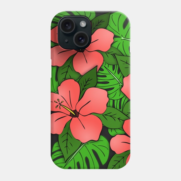 Hibiscus Flowers & Monstera Leaves Phone Case by headrubble