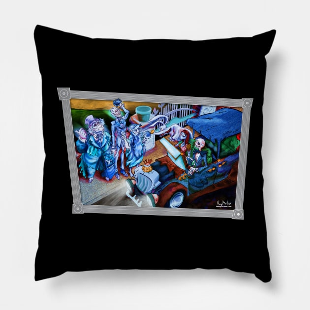 Picking up Hitchhiking Ghosts Pillow by mannycartoon