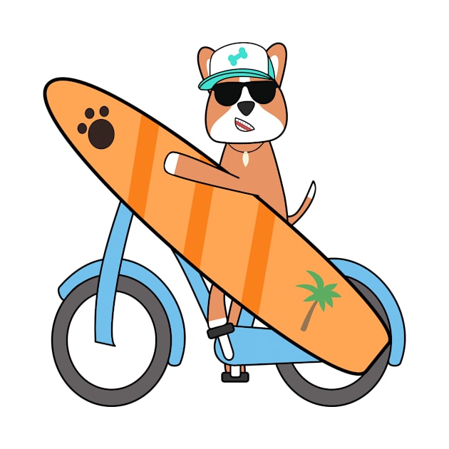 Kawaii surfer dog cycling and holding a surfboard by Ralph Hovsepian