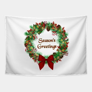 Vintage Style Wreath, SEASON'S GREETINGS In Center Tapestry