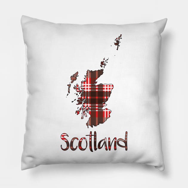 Scotland Red, Black and White Tartan Map Typography Design Pillow by MacPean