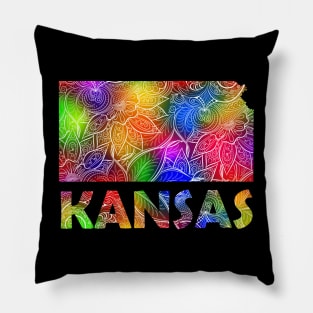 Colorful mandala art map of Kansas with text in multicolor pattern Pillow