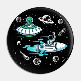 Space Race with Astronaut in Rocket and Alien in UFO Pin