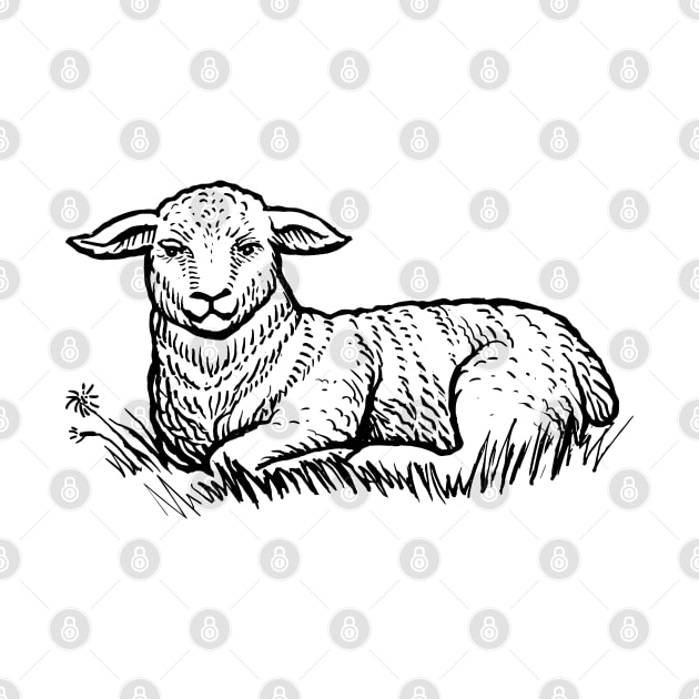 Sheep Sitting on grass hand drawn by KC Happy Shop