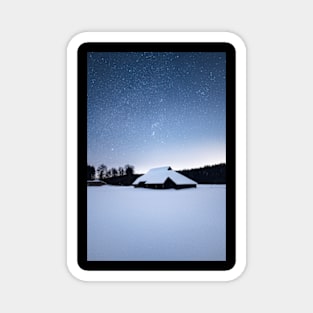 Barn in a Snowy Field Under a Night Sky Magnet