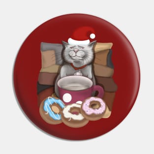 Santa cat. Funny cat with a mug of coffee and donuts. Pin