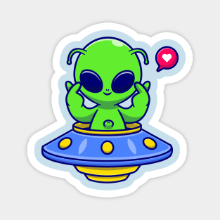 Cute Alien Riding UFO With Love Sign Cartoon Magnet