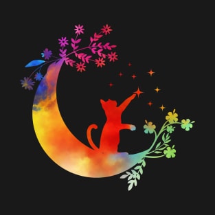 Colorful Cat Moon Flowers Pet Lover Owner T-Shirt