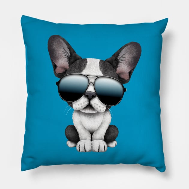 Cute French Bulldog Puppy Wearing Sunglasses Pillow by jeffbartels