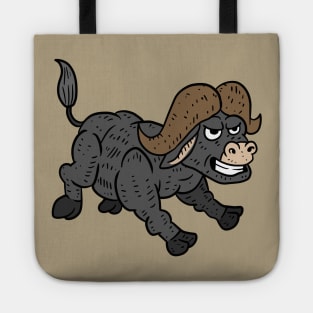 a angry african cape buffalo running. a funny cartoon animal illustration. Tote