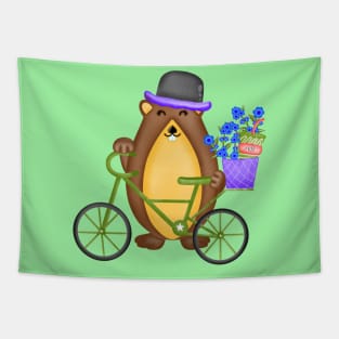 Cute groundhog with bicycle. Tapestry