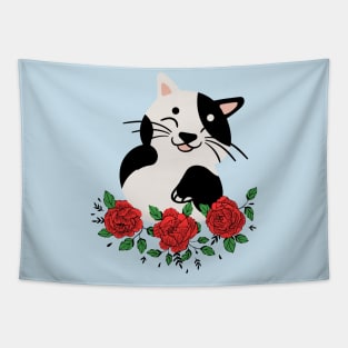 Happy Cat With Flowers Tapestry