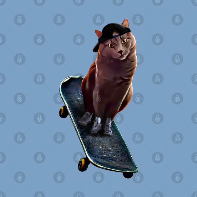 Skater Cat  Drawing: Gray Swag Cat with Skateboard, Sneakers and a Cap. by Cartoon Cosmos