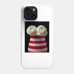 Two White Ranunculus Flowers In Red And White Striped Vase Phone Case