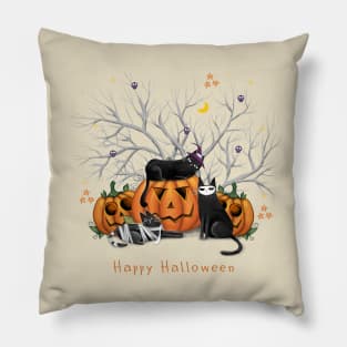 Halloween cute black cat and spooky pumpkin. Pillow