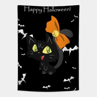 "Happy Halloween" Orange Bow Black Cat Tapestry