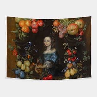 A Garland of Fruit and Flowers Surrounding a Portrait of a Lady in a Blue Dress, Holding a Guitar by Catarina Ykens-Floquet Tapestry