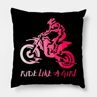 I Ride Like a Girl Pink Retro Biker Silhouette Enduro Girl Pillow