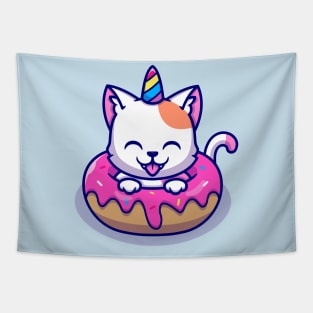 Cute Unicorn Cat With Doughnut Cartoon Tapestry