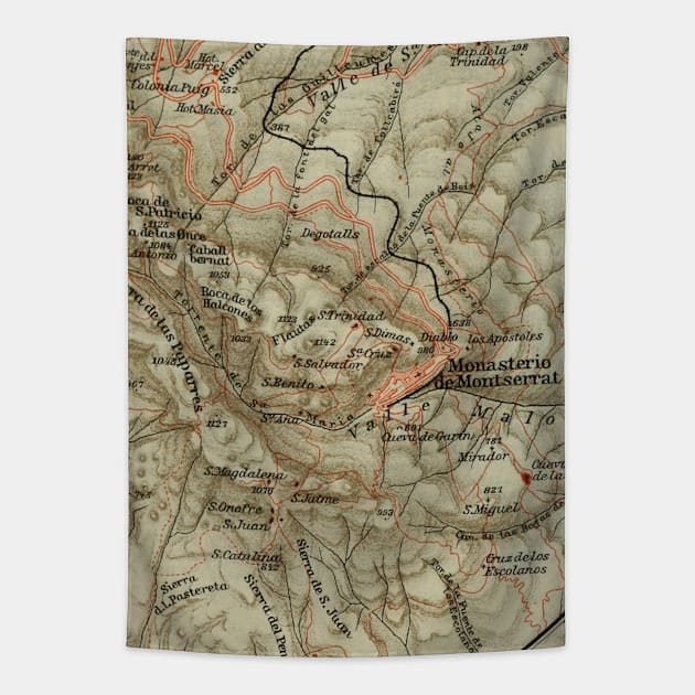 Vintage Montserrat Spain Map (1913) Tapestry by Bravuramedia