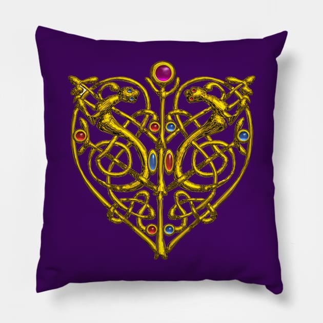 HYPER VALENTINE / GOLD CELTIC KNOT HEART WITH LIZARDS IN PURPLE Pillow by BulganLumini