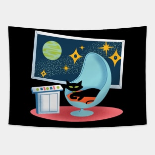 Funny Mid-Century Modern Atomic Cat in Space on Captain's Chair Tapestry