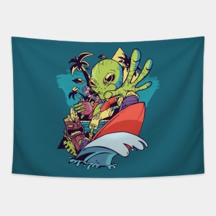 Surfing Alien on Island Vacation Tapestry