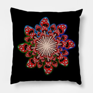 Red Mushroom Mandala with multicolored background Pillow