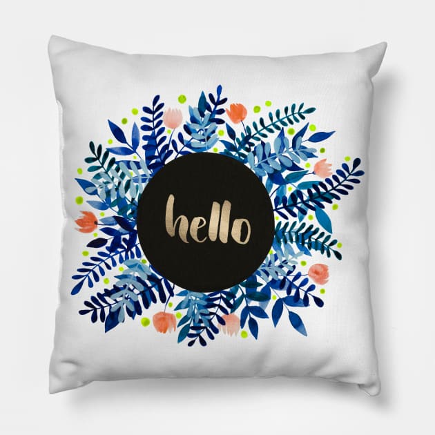 Hello flowers and branches - blue and orange Pillow by wackapacka