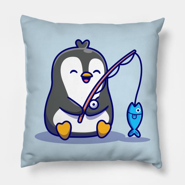 Cute Penguin Fishing Cartoon Pillow by Catalyst Labs